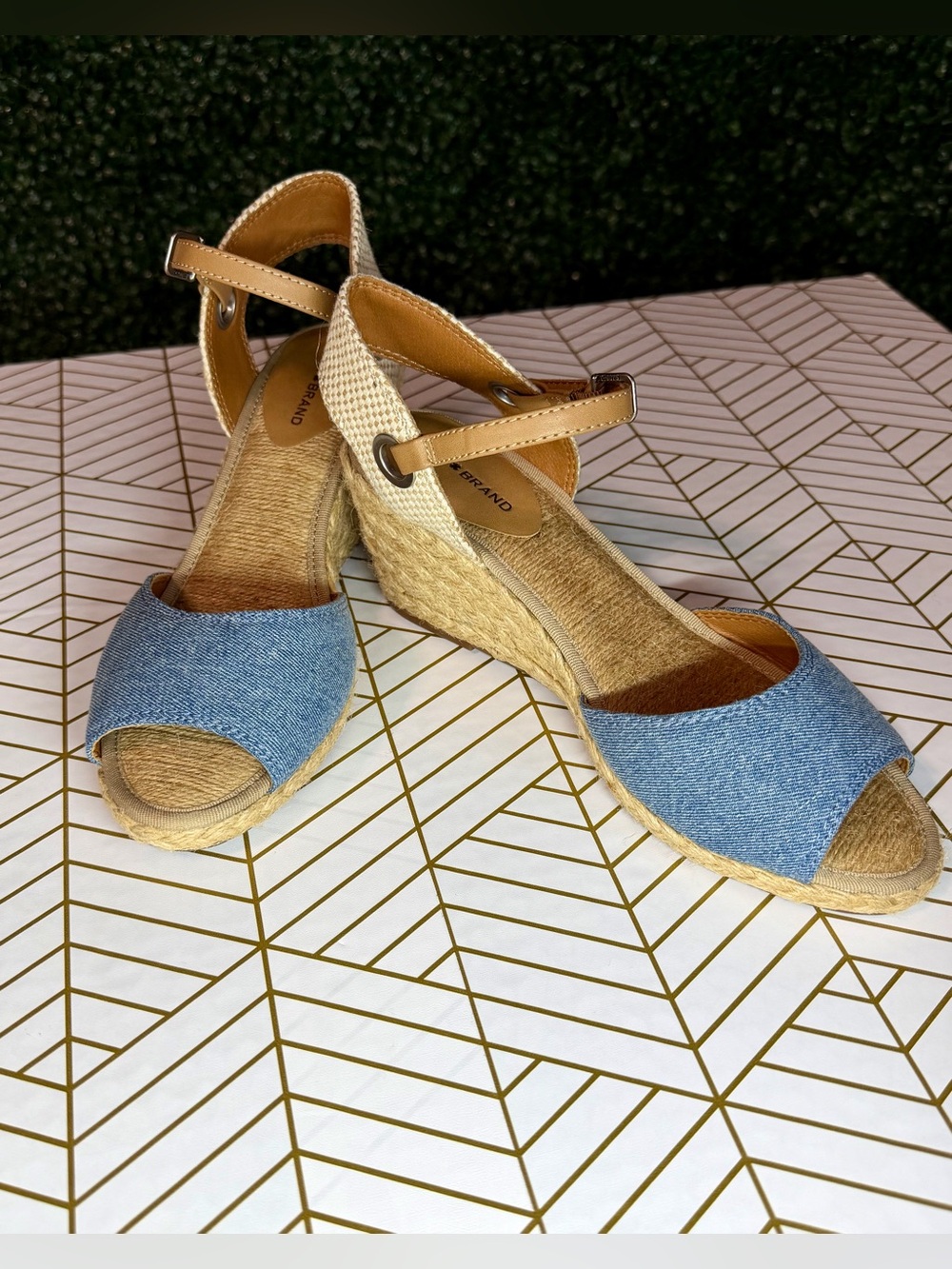 Lucky Brand Blue Denim Espadrille Wedge Sandals with Tan Ankle Strap-NWOT